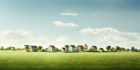Idyllic rural development with homes in green landscape.の素材