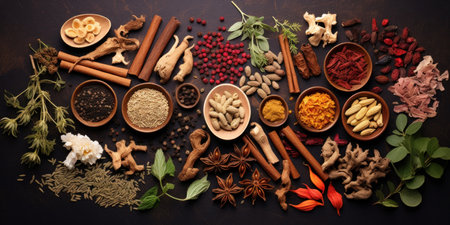 Assorted traditional Chinese medicine herbs displayed neatly.の素材