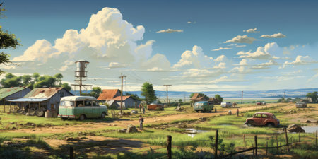 Lush landscape depicts tranquil rural development.の素材