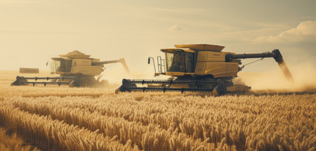 Combines harvesting wheat in golden rural field.の素材