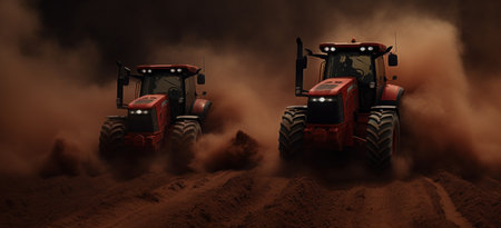 Two tractors working on a rural farm at dusk.の素材