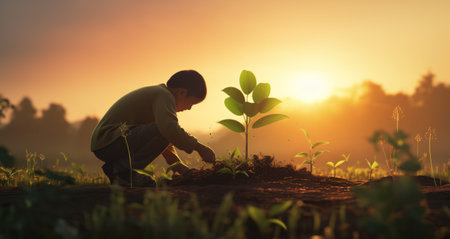 A boy plants a sapling in rural setting at dusk.の素材