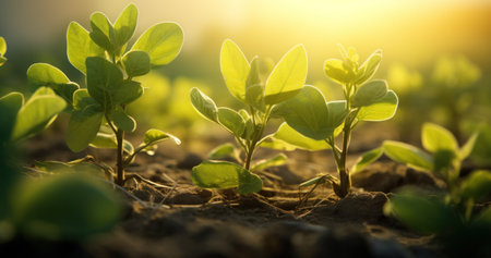 Sprouting crops in soil bask in sunlight, rural upliftment.の素材