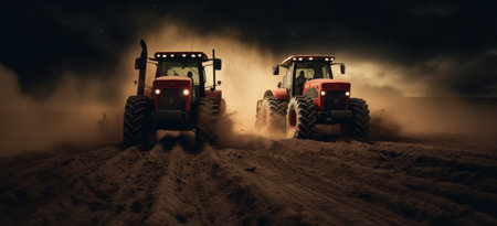 Tractors plow fields in rural development setting.の素材