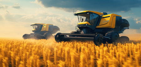 Combine harvesters working on a wheat field.の素材