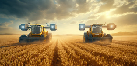 Tractors in action during rural agricultural development.の素材