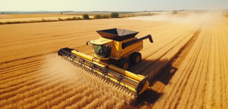 Combine harvester at work in a vast rural field.の素材