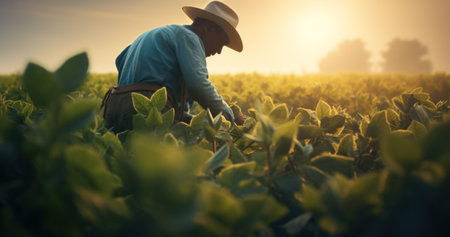 A farmer works in the fields, symbolizing rural development.の素材