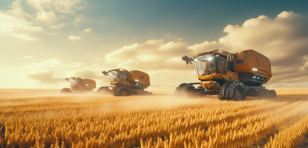 State-of-the-art tractors in action on a golden wheat fieldの素材