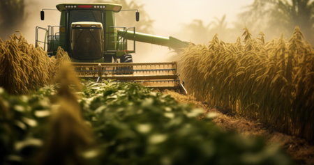 Combine harvester at work in rural development area.の素材