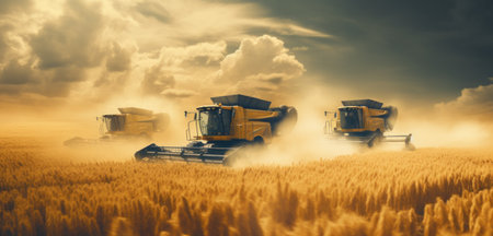 Combine harvesters in action under a cloudy sky.の素材
