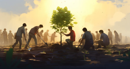 Community tree planting symbolizing rural development.の素材