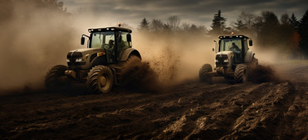 Two tractors working on rural development by plowing.の素材