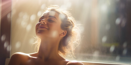 Woman relaxes in sunlit day spa, serene ambiance.の素材