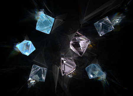 Fluorescence of various rough diamonds in ultraviolet rays 3d illustration 3d rendering top view macroの写真素材