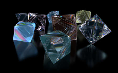 Fluorescence of diamonds on reflection surface with bokeh 3d illustration 3d renderingの写真素材