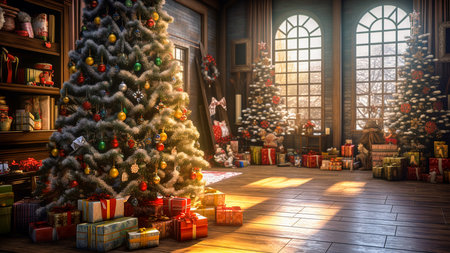 3D Rendering of a Christmas Scene in a Large Room, Generative AIの素材