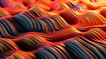 3D Rendered Abstract Waves in Orange and Black, Generative AIの素材