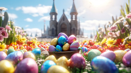 Easter Eggs Encircled by Flowers in a Grassy Field, Generative AIの素材