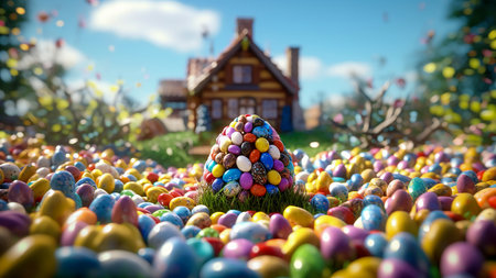 Easter in the Field with Scattered Easter Eggs and a House, Generative AIの素材