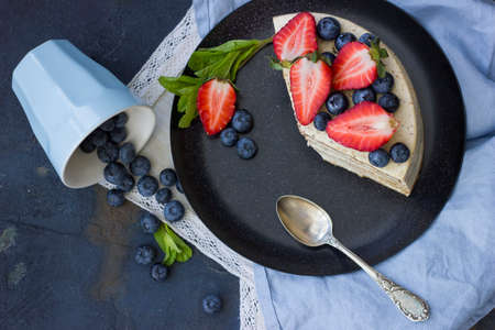 Dietary cake with berries. Piece of cake. Delicious, healthy dessert. The minimum of caloriesの写真素材