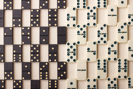 Dominoes are black and white. Light background. The game is tabletop