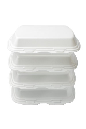 The expanded polystyrene container is open for food products. isolated on whiteの写真素材