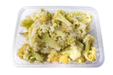 Container of frozen cauliflower. Isolatedの写真素材