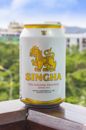 PHUKET, THAILAND January 20, 2018 - A new bottle of Singha beer Original on the background of nature 1のeditorial素材