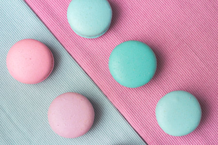 Pink and turquoise makarons. Pastel colors. Copy space 1の写真素材