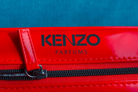 Russia, Novosibirsk - January 13, 2018 - KENZO red bag for cosmetology and perfume. Fashion...