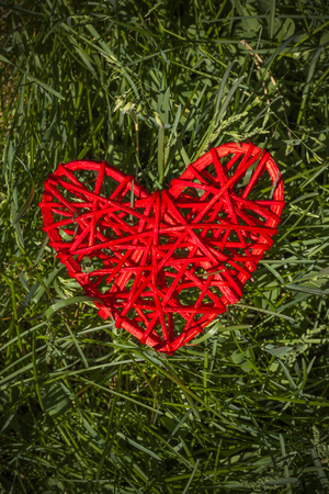 Closeup of a red heart on the grass. Verticalの写真素材