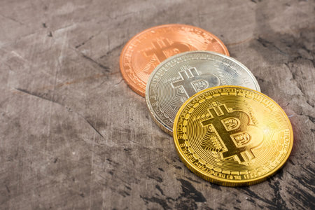 Coins Bitcoin with copy space. Close-up