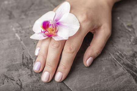 Manicure on a womans hand and a white orchid flower instead of a ring on a dark background. Copy spaceの写真素材