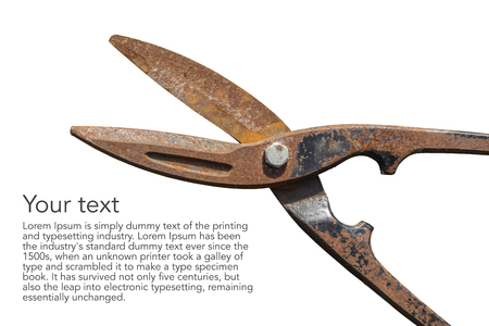 Rusty scissors for cutting metal on a white background. Old tool. Isolated objectの写真素材