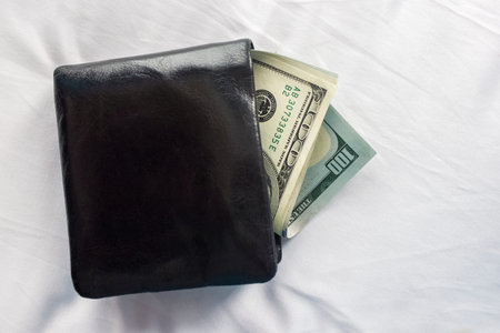 US dollars in a black purse on a light background with copy space