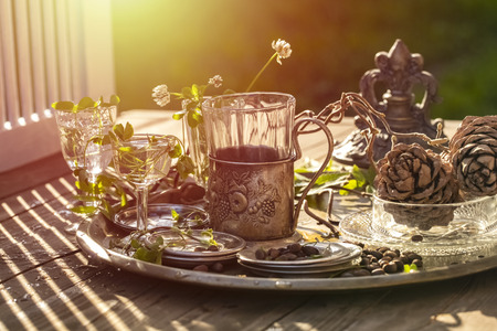 green sprouts in glass goblets with water and pine cones with nuts on a tray, under the rays of the morning sun. copy spaceの写真素材