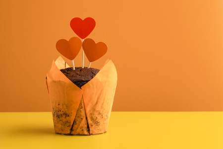 red hearts on a chocolate cake. orange background. copy spaceの写真素材