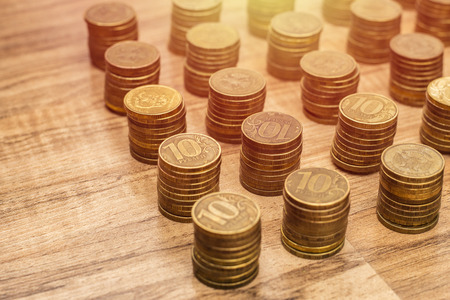 Russian iron money background 10 rubles on wooden backgroundの写真素材