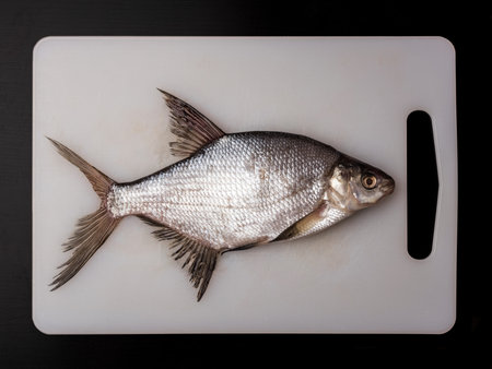 Bream fish on a plastic cutting board, white. Dark background. Top view