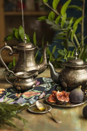 Tea ceremony, vintage service. Copy spaceの写真素材