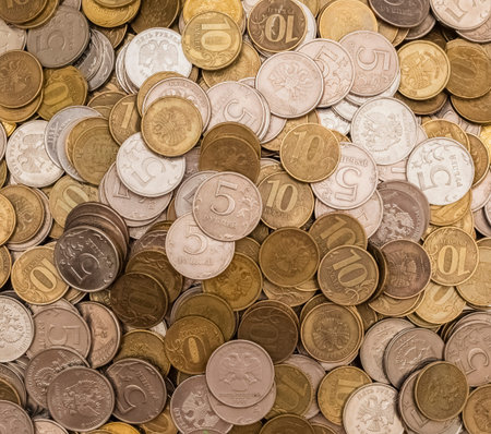 Russian iron money background 5 rubles and 10 rubles. Background Texture