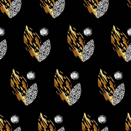 Seamless pattern with gold and silver leaves, precious stones on black background. Vectorのイラスト素材
