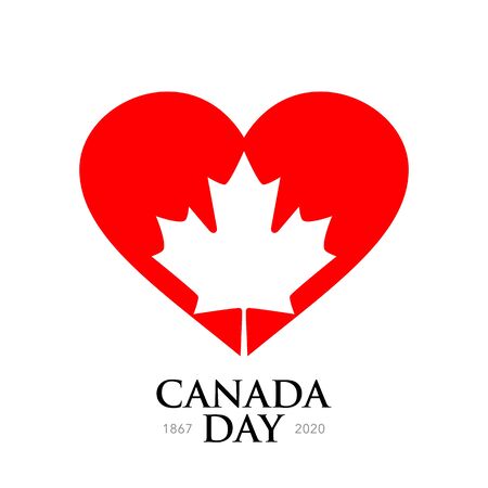 Square banner, postcard Canada Day. Red heart and white maple leaf, a symbol of Canada. Vector illustrationのイラスト素材