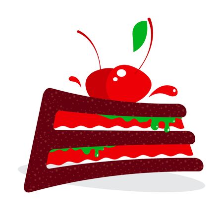 Sweet slice of cake with red cherry and marmalade on a white background. Isolated objectのイラスト素材
