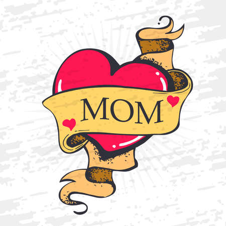 Old tattoo style. Heart with ribbon and the inscription mom.のイラスト素材