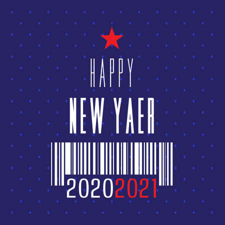 Happy new year banner card. Barcode with numbers 2021 on a blue background. Holiday concept, Christmas tree with red star.のイラスト素材
