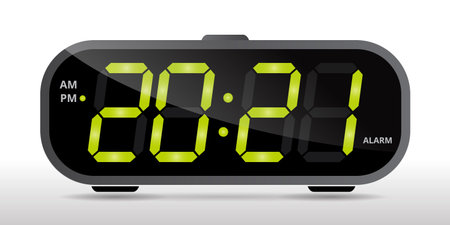 black digital alarm clock with green numbers 2021 symbol of new year on gray background. Vector...