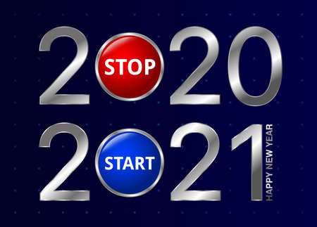 banner Happy New Year. Red stop 2021 button and blue start 2021 button. Design for your greeting card or party invitation.のイラスト素材