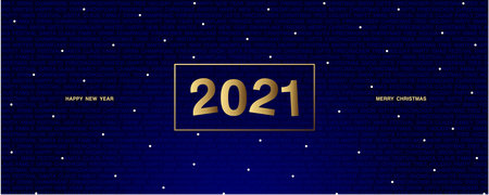 Merry christmas and happy new year blue banner. Gold numbers 2021 with frame over blue text and...